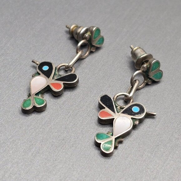 VTG Zuni Sterling Silver Inlay Hummingbird Dangle Earrings 1.25" Multi Gemstone - Picture 2 of 10